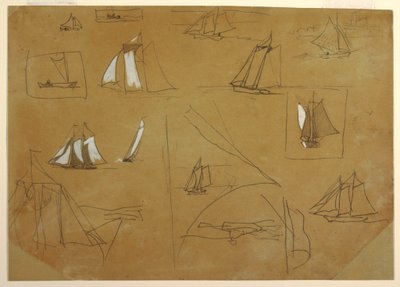 Tekening, Schetsen van zeilboten, Cullercoats, Engeland, 1881-82 door Winslow Homer