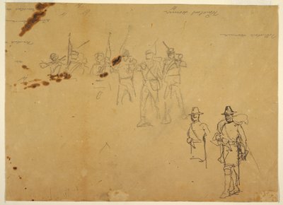 Tekening, Schetsen van enkele infanteriefiguren en oefenhandtekeningen, 1862 door Winslow Homer