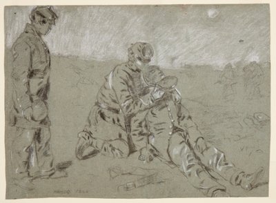 Tekening, soldaat geeft water aan gewonde kameraad, 1864 door Winslow Homer