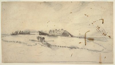 Tekening, Drie boten met vissers die een net uitzetten, 1881-82 door Winslow Homer