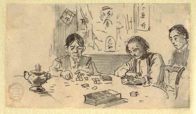 Tekening, Drie Chinese mannen spelen dominostenen in een clubhuis in Baxter Street, New York City, ca. 1874 door Winslow Homer