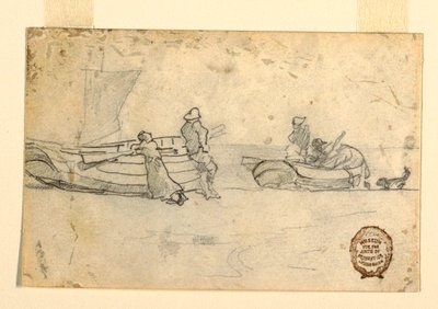 Tekening, Twee boten op strand met figuren, Cullercoats, Engeland, 1881-82 door Winslow Homer