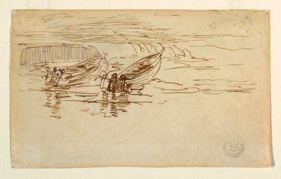 Tekening, twee sloepen worden te water gelaten, Engeland, 1881 door Winslow Homer