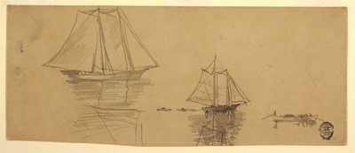 Tekening, Twee schoeners en sloepen, ca. 1880 door Winslow Homer