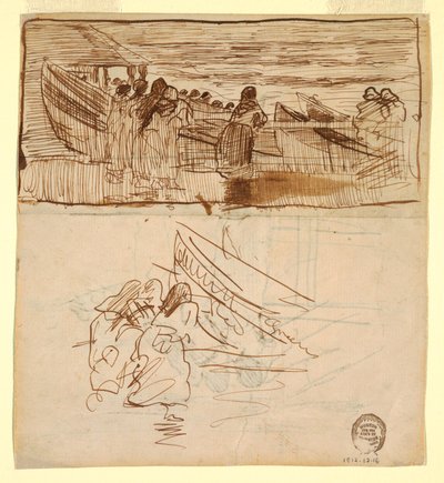Tekening, Twee studies van vrouwen die kijken naar het te water laten van sloepen, Cullercoats, Engeland, 1881 door Winslow Homer