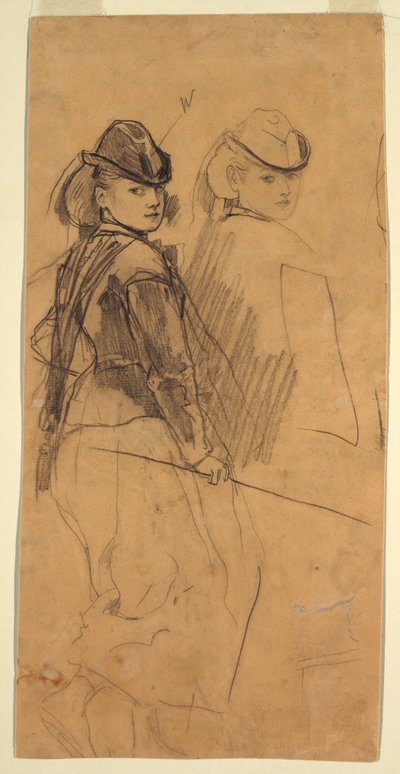 Tekening, Twee studies van een jong meisje dat over haar schouder kijkt, ca. 1862 door Winslow Homer