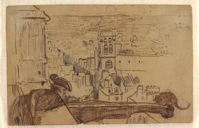 Tekening, Gezicht op Parijs met een borstwering van de toren van de Notre Dame kathedraal, 1867 door Winslow Homer
