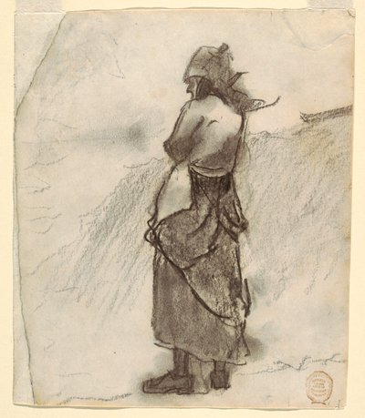 Tekening, Vrouw kijkt uit op zee, Cullercoats, Engeland, 1881-82 door Winslow Homer
