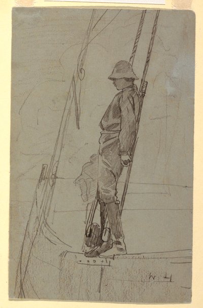 Tekening, Jonge man leunend tegen de tuigage van een zeilboot, waarschijnlijk 1861-62 door Winslow Homer