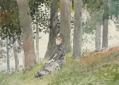 Zittend meisje in een bosje door Winslow Homer
