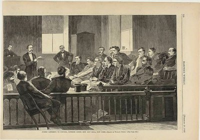 Juryleden luisteren naar raadslieden, Hooggerechtshof, New City Hall, New York door Winslow Homer