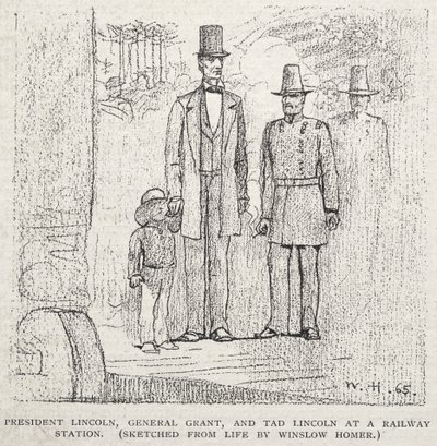 President Lincoln, generaal Grant en Tad Lincoln op een treinstation door Winslow Homer