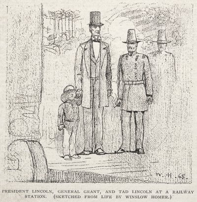 President Lincoln, Generaal Grant, en Tad Lincoln op een Treinstation, 1887 door Winslow Homer
