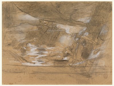 Scheepsdek met twee vrouwen vastgebonden aan de mast door Winslow Homer