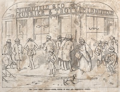 De "Cold Term," Boston - Scène, hoek Milk en Washington Streets door Winslow Homer