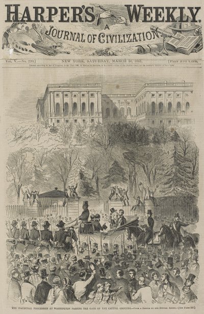 De Inaugurale Processie in Washington die de Poort van het Capitoolterrein Passeert, 1861 (naar een schets van onze speciale kunstenaar) door Winslow Homer