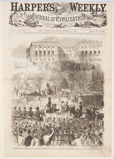 De inaugurele processie in Washington passeert de poort van de Capitol Grounds, uit Harper