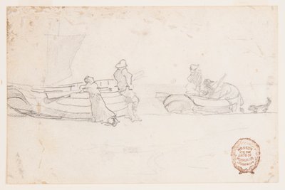 Twee Boten op het Strand met Figuren, Cullercoats, Engeland door Winslow Homer