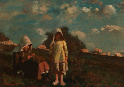 Twee meisjes met zonnehoeden in een veld door Winslow Homer
