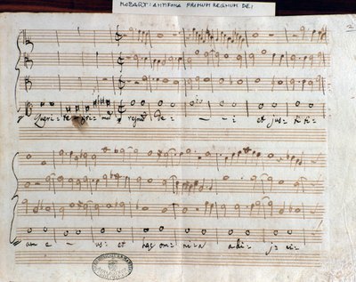 Bladmuziekpagina van Querite primum regnum Dei door Mozart om de titel van Accademico filarmonico te verkrijgen (1770) door Wolfgang Amadeus Mozart