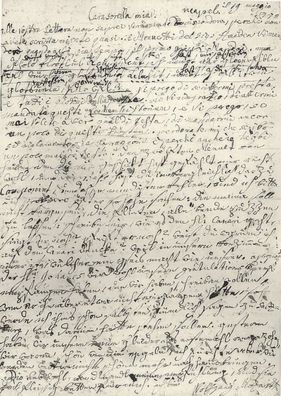 Wolfgang Amadeus Mozart (1756-1791) Oostenrijkse componist. Eigenhandige brief aan zijn zus Nannerl. Napels 19 maart 1770 door Wolfgang Amadeus Mozart