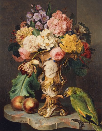 Stilleven met een vaas met diverse bloemen, perziken en een papegaai op een marmeren rand door Wolfgang Küss