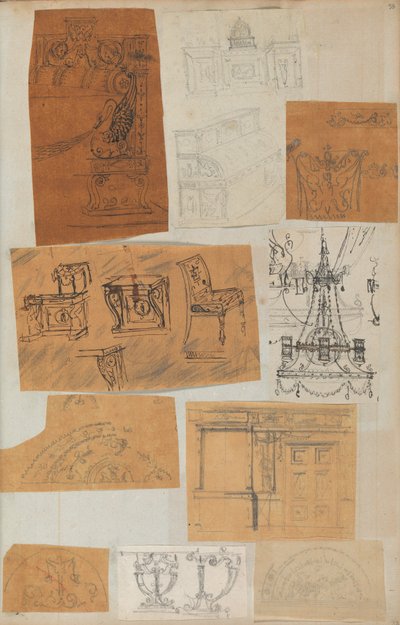 Pagina uit een Plakboek met Tekeningen en Verschillende Afdrukken van Architectuur, ca. 1800-1850. Makers: Werkplaats van Charles Percier, Werkplaats van Pierre François Léonard Fontaine door Workshop of Charles Percier, Workshop of Pierre