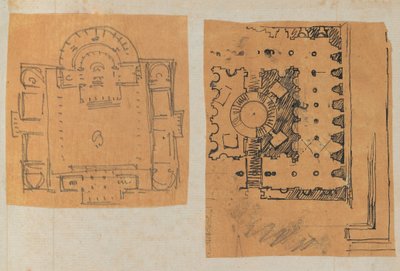Pagina uit een plakboek met tekeningen en verschillende prenten van architectuur, ca. 1800-1850. Makers: Werkplaats van Charles Percier, Werkplaats van Pierre François Léonard Fontaine door Workshop of Charles Percier, Workshop of Pierre