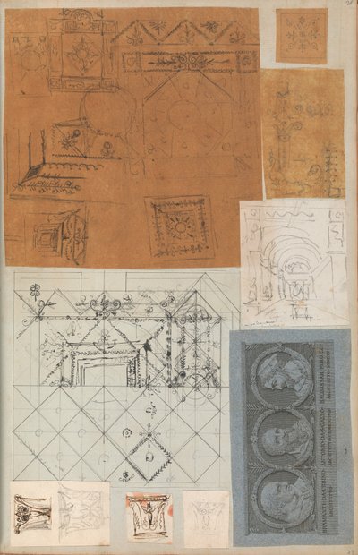 Pagina uit een plakboek met tekeningen en verschillende prenten van architectuur, ca. 1800-1850 door Workshop of Charles Percier, Workshop of Pierre