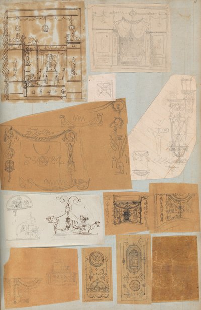 Pagina uit een plakboek met tekeningen en verschillende prenten van architectuur, ca. 1800-1850. Makers: Werkplaats van Charles Percier, Werkplaats van Pierre François Léonard Fontaine door Workshop of Charles Percier, Workshop of Pierre