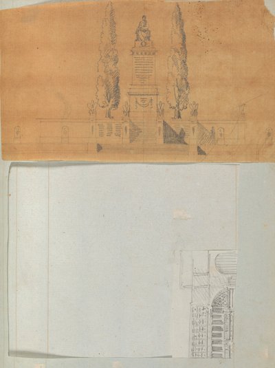 Pagina uit een plakboek met tekeningen en verschillende prenten van architectuur door Workshop of Charles Percier, Workshop of Pierre