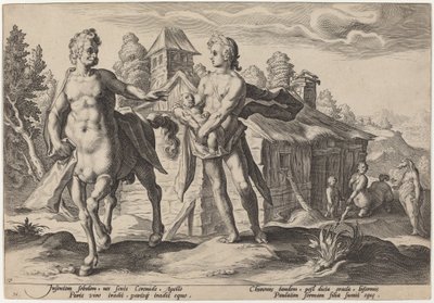 Apollo Vertrouwt Chiron de Opvoeding van Asclepius Toe door Workshop of Hendrick Goltzius, after Hendrick Goltzius
