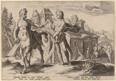 Apollo vertrouwt Chiron de opvoeding van Asclepius toe door Workshop of Hendrick Goltzius, after Hendrick Goltzius
