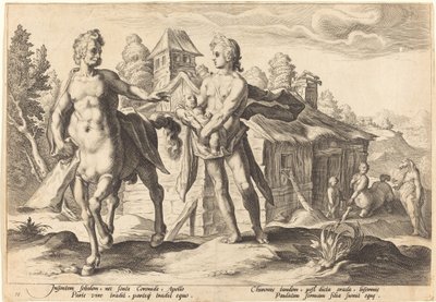 Apollo Vertrouwt Chiron de Opvoeding van Asclepius Toe door Workshop of Hendrick Goltzius, after Hendrick Goltzius