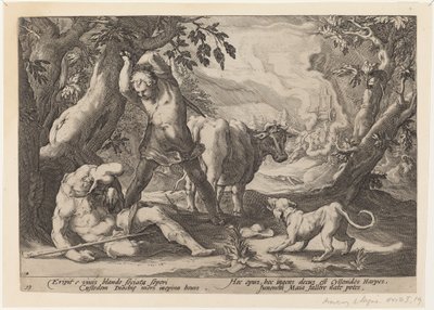 Landschap met Mercurius die zijn zwaard heft om een slapende Argus te doden door Workshop of Hendrick Goltzius, after Hendrick Goltzius