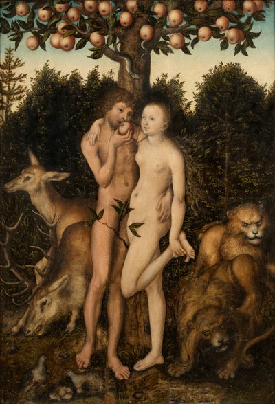 Adam en Eva door workshop of Lucas Cranach the Elder