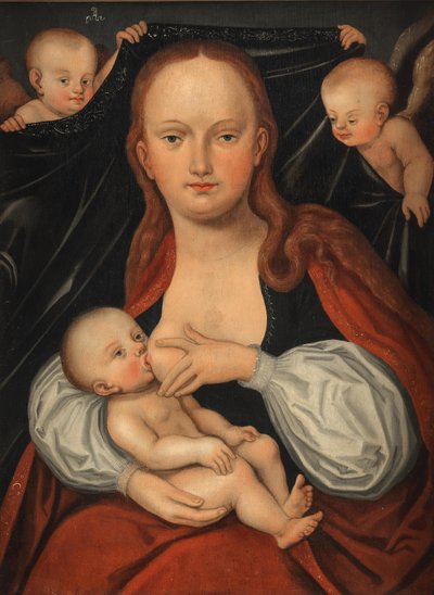 De Madonna met kind voor een gordijn, vastgehouden door twee engelen door workshop of Lucas Cranach the Elder