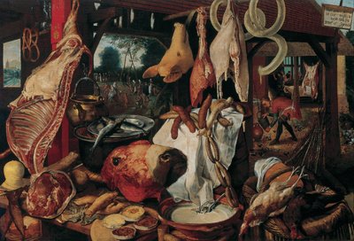 Stilleven met vlees en de Heilige Familie door Workshop of Pieter Aertsen