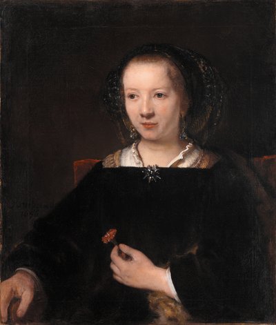 Jonge vrouw met een anjer door Workshop of Rembrandt van Rijn