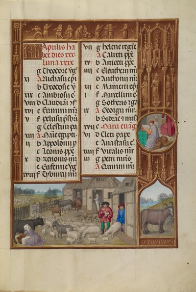 Boerderijdieren, Melken en Boter maken; Dierenriemteken Stier door Workshop of the Master of James IV of Scotland