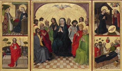 Altaarstuk van de Heilige Geest open. Pinksteren, Aankondiging, Geboorte, Opstanding van Christus en Dood van de Maagd, ca. 1448 door Workshop of the Wolfgang Retable
