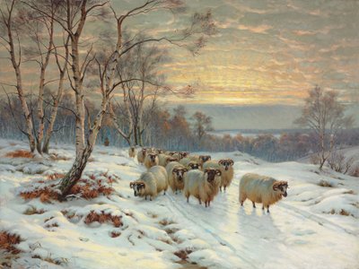 Een Herder met zijn Kudde in een Winterlandschap door Wright Barker