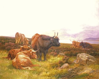 Hooglanders bij een meer door Wright Barker