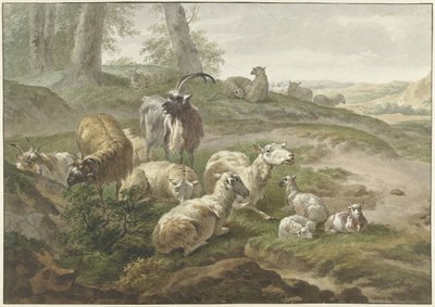 Bokken en schapen in een heuvelachtig landschap door Wybrand Hendriks