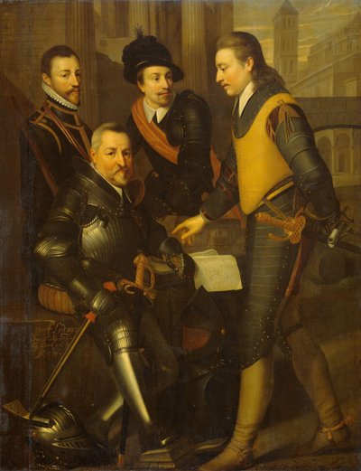 Groepsportret van de vier broers van Willem I, Prins van Oranje: Jan (1535-1606), Hendrik (1550-74), Adolf (1540-68) en Lodewijk (1538-74), graven van Nassau door Wybrand de Geest (I) (workshop of)