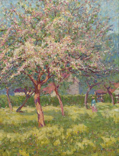 Een boomgaard in bloei door Wynford Dewhurst