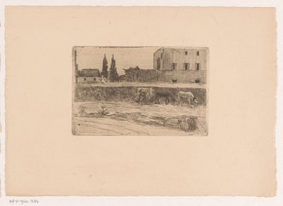 Landschap met bebouwing en een figuur aan het werk door Xavier Mellery (attributed to)