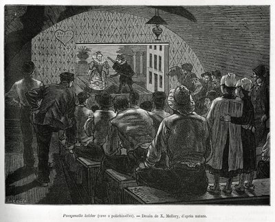 Kelder voor Polichinelles, een kelder ontworpen voor poppenshows. Gravure ter illustratie van het verhaal van België door Camille Lemonnier, gepubliceerd in de Tour du monde onder redactie van Edouard Charton (1807-1890) door Xavier Mellery