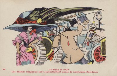 Ansichtkaart die de gevaren van grote hoeden en bijbehorende hoedenspelden satiriseert - de mode van 1909 door Xavier Sager