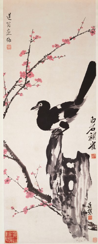 Pruimenbloesems en ekster (inkt en kleur op papier) door Xiao Sun (1883 1944) Zhou Shaoxiang (1880 1954) Qi Baishi